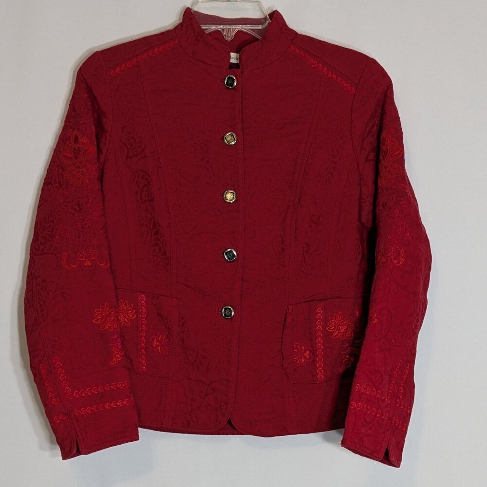 COLDWATER CREEK Red Jacquard Long Sleeve Embroidered Short Jacket; Size 6